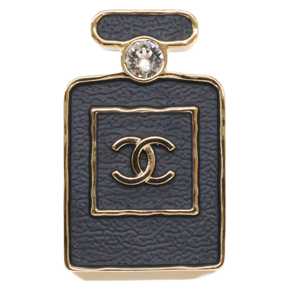 CHANEL B23S Coco Mark Perfume Bottle Motif Rhinestone Brooch, Black Gold Colo...